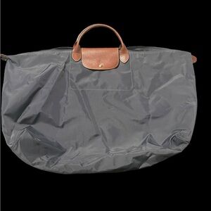 Longchamp Gray Travel Bag with Brown Leather Trim